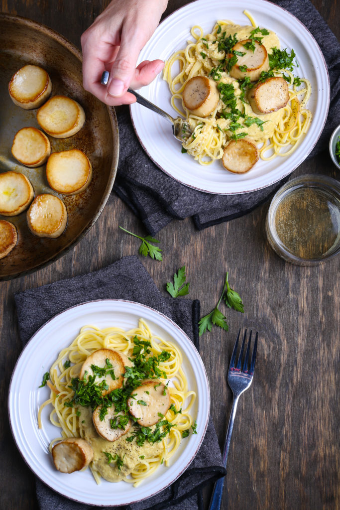 King Oyster Mushroom Scallops in a Bacon-Cashew Cream Sauce