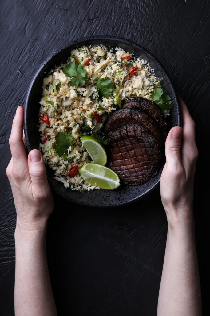 Riced cauliflower with pressed portobellos