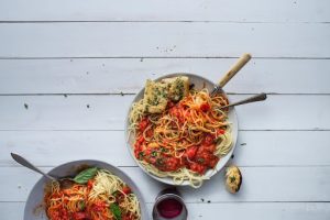 plant based fresh pasta and red sauce