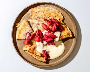 vegan crepe with roasted rhubarb recipe final plated