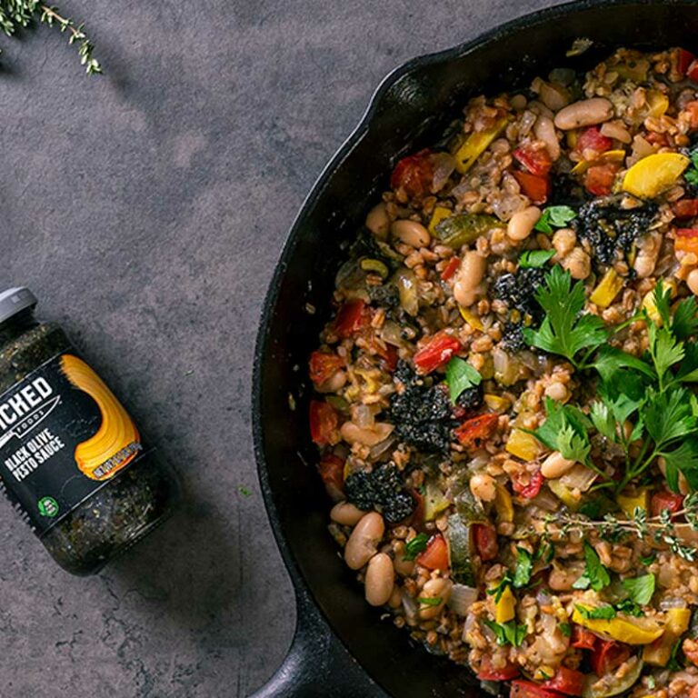 OneSkillet Farro with Black Olive Pesto Wicked Kitchen