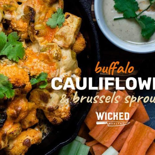 cheesy buffalo cauliflower & brussels sprouts